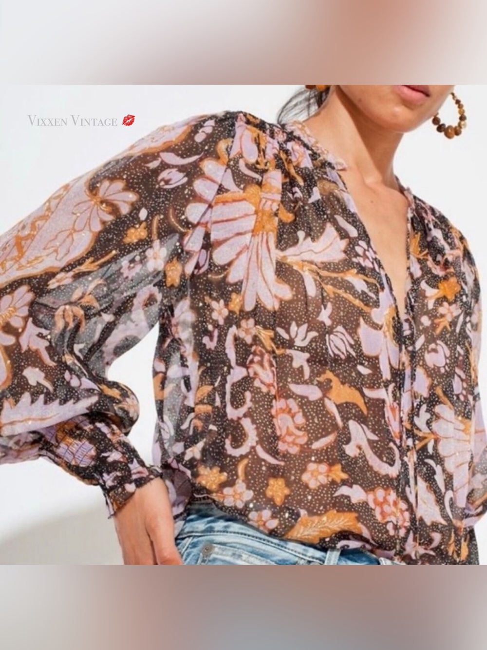 O.P.T SMOCKED SHEER FALL FLORAL BALLOON SLEEVE PEASANT BLOUSE IN OLIVE